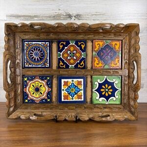 Vintage‎ Mexican Talavera Hand Painted Serving Tray with Tiles and Wood Frame.